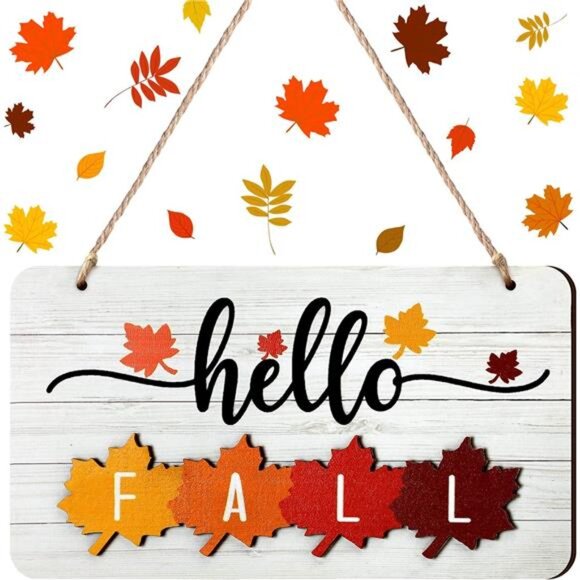 Hello Fall Winter Spring Summer Sign Rustic Wood Decor Farmhouse Wall Hanging - Picture 1 of 8